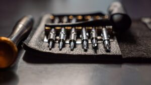 Close-up of solid metal bar cabinet pulls