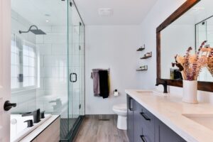 Close-up of freestanding acrylic soaker tub edge